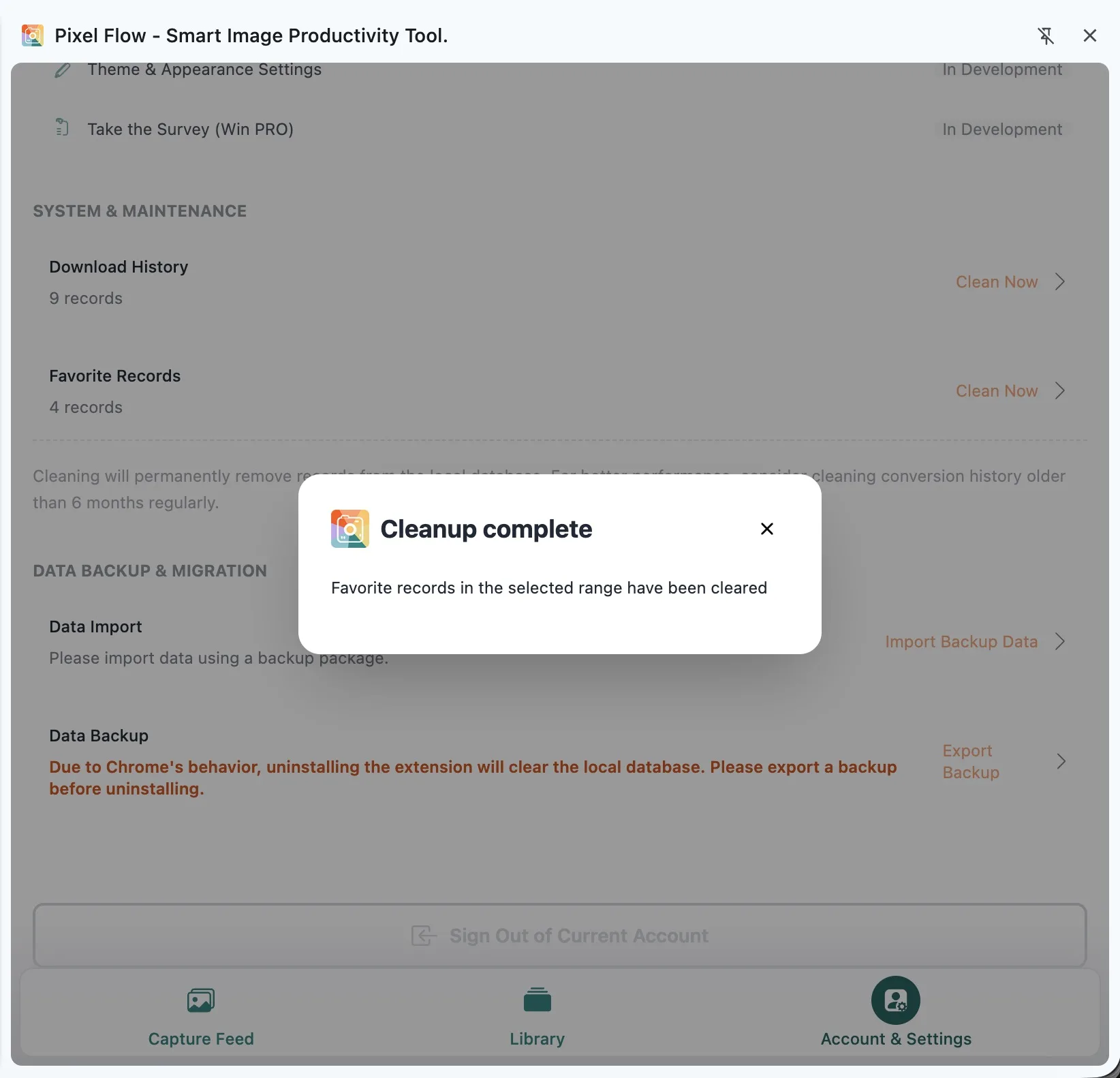 Pixel Flow cleanup complete message indicating that records in the selected range have been cleared
