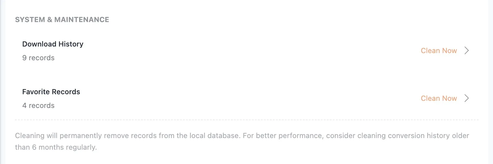 Pixel Flow data cleanup entry in settings, showing Download History and Favorite Records counts with cleanup buttons