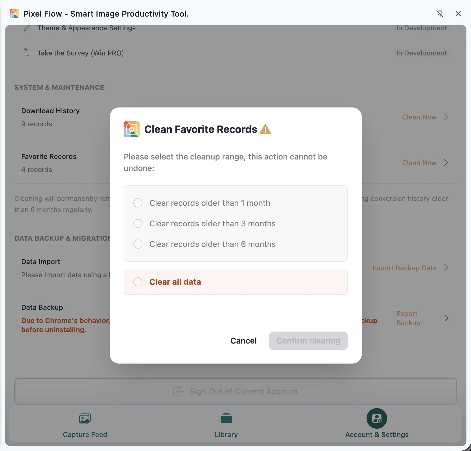 Pixel Flow favorite records cleanup dialog showing cleanup range options and the Confirm clearing button