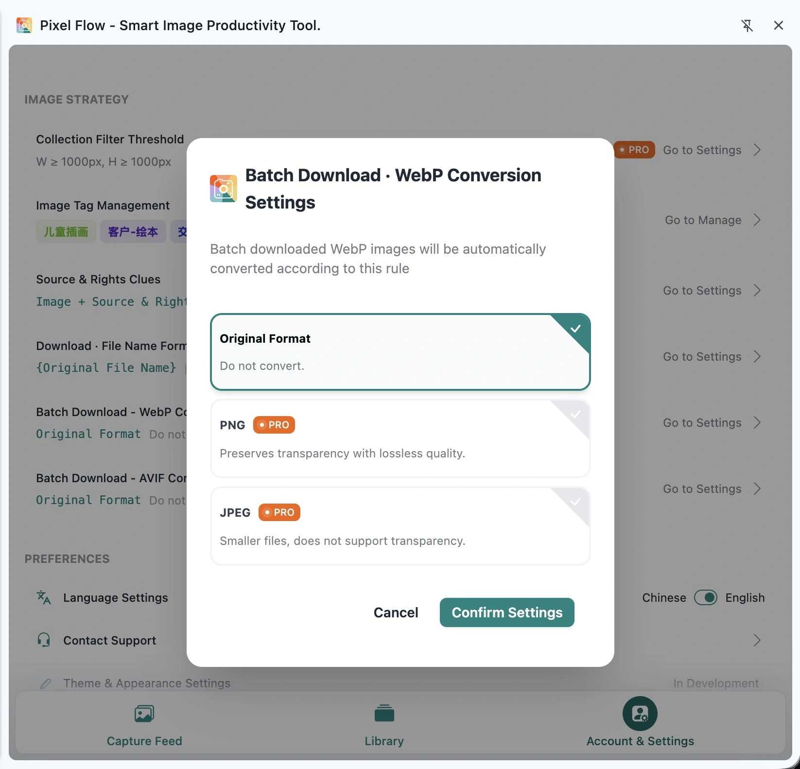 Pixel Flow WebP batch download conversion settings dialog