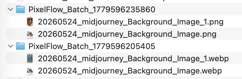 Pixel Flow batch download result showing converted image files