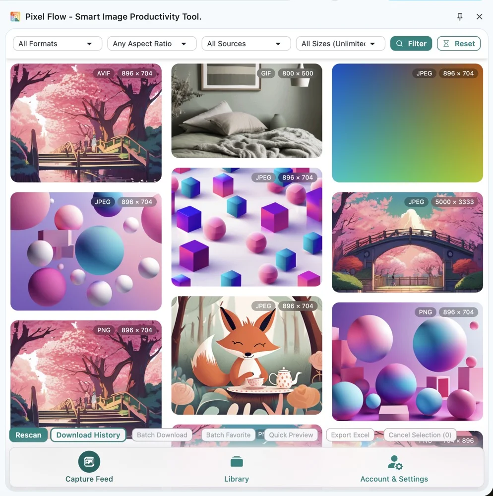 Pixel Flow capture feed showing detected page images, format labels, dimensions, and filters