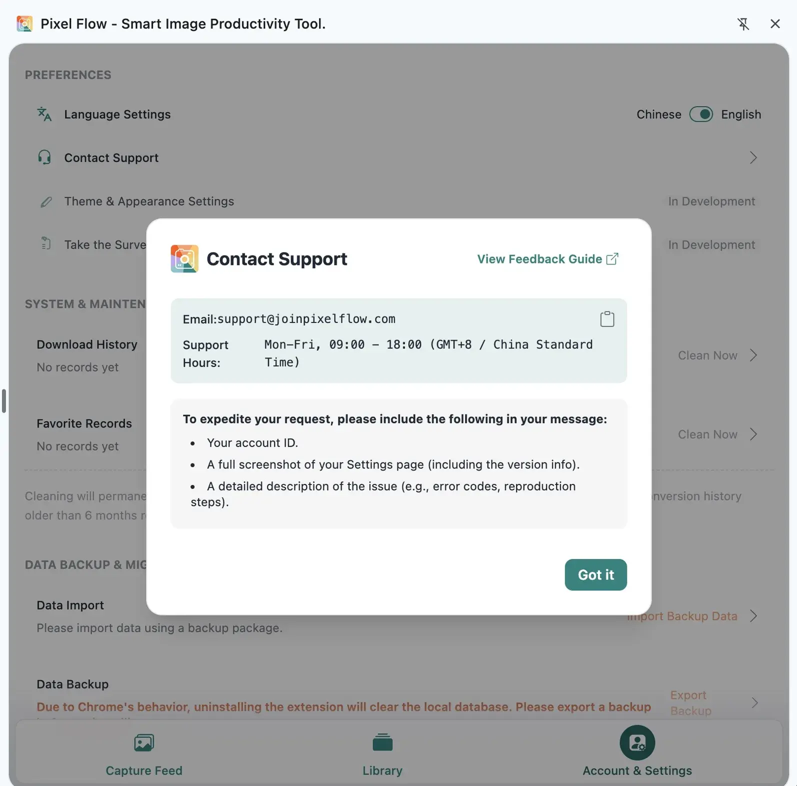 Contact support details
