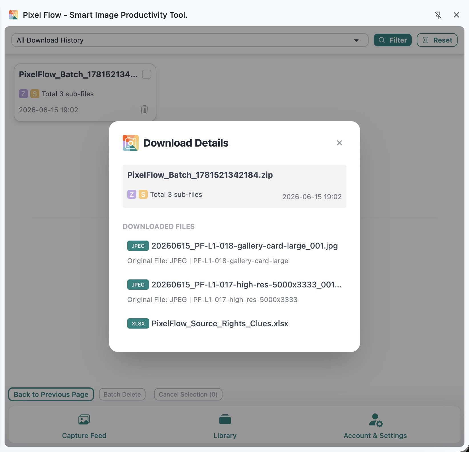 Pixel Flow download history showing generated filenames