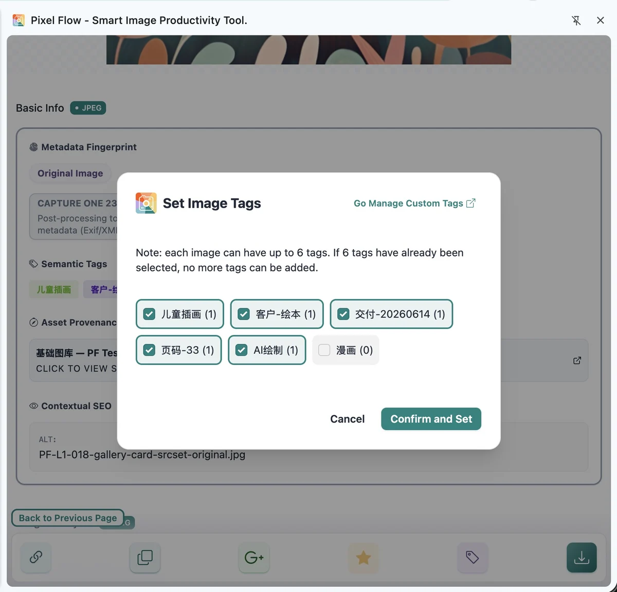 Pixel Flow Set Image Tags dialog showing the 6-tag per-image limit