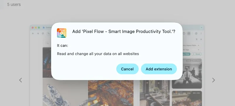 Chrome permission confirmation dialog showing Pixel Flow permissions and the Add extension button