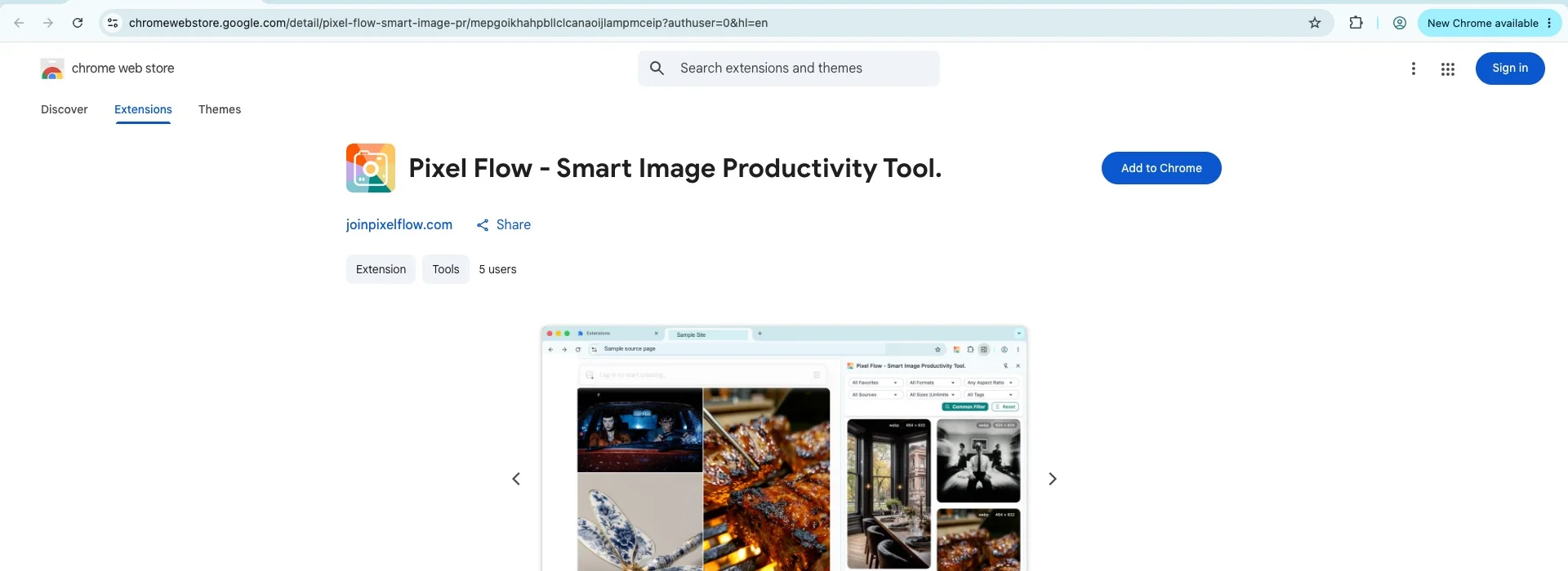 Pixel Flow listing in the Chrome Web Store, showing the extension name, icon, and blue Add to Chrome button