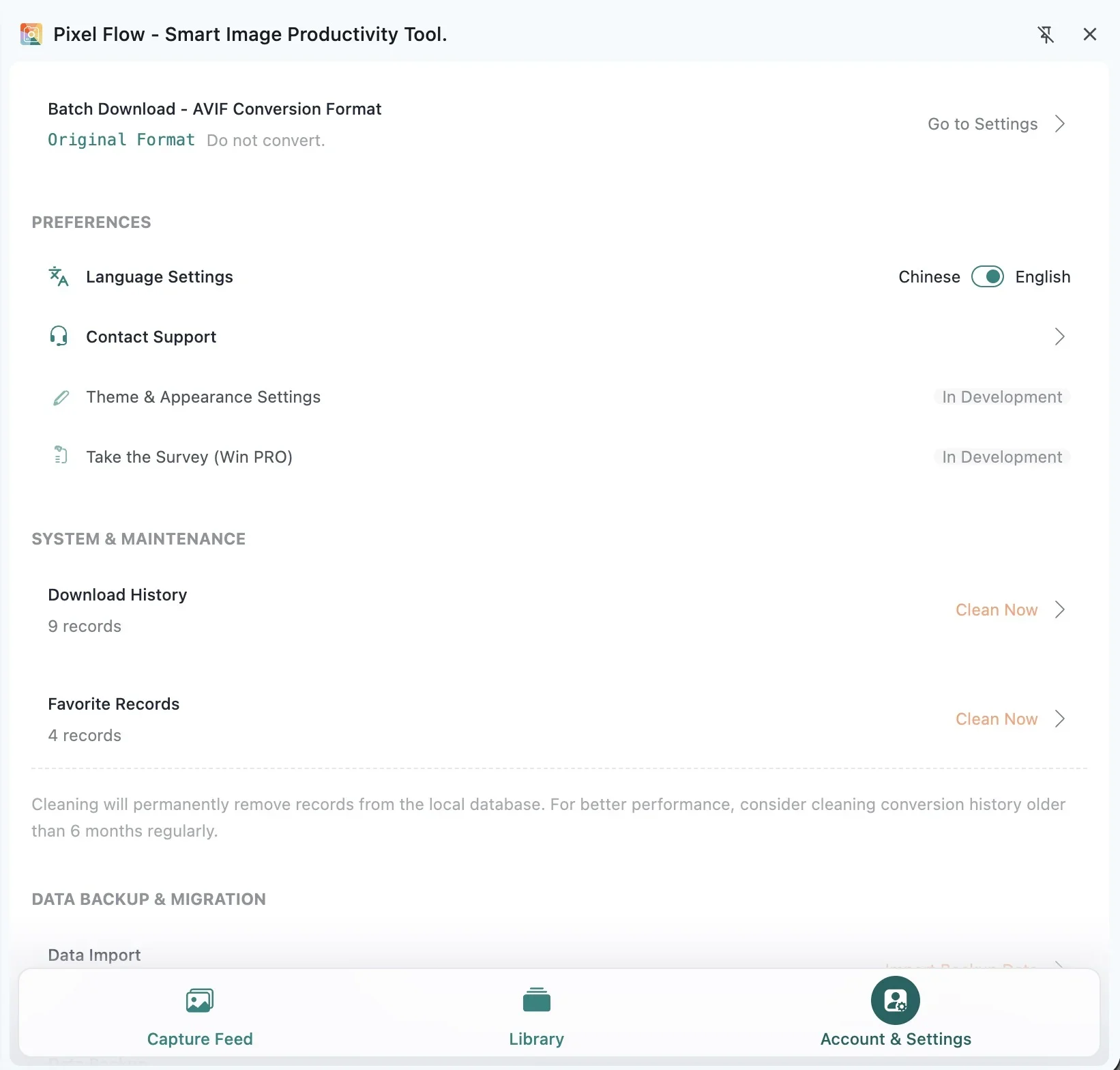 Pixel Flow settings page shown in English after switching the interface language