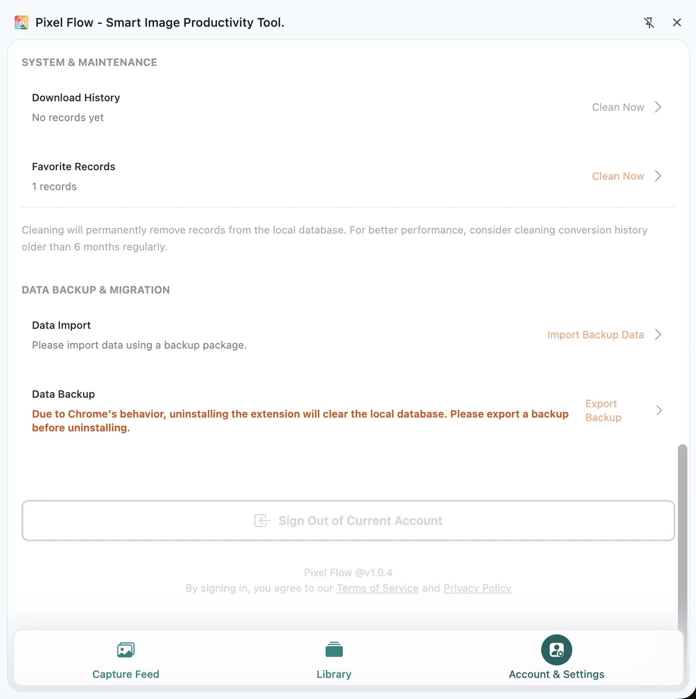 Pixel Flow data backup and migration entry in Account and Settings