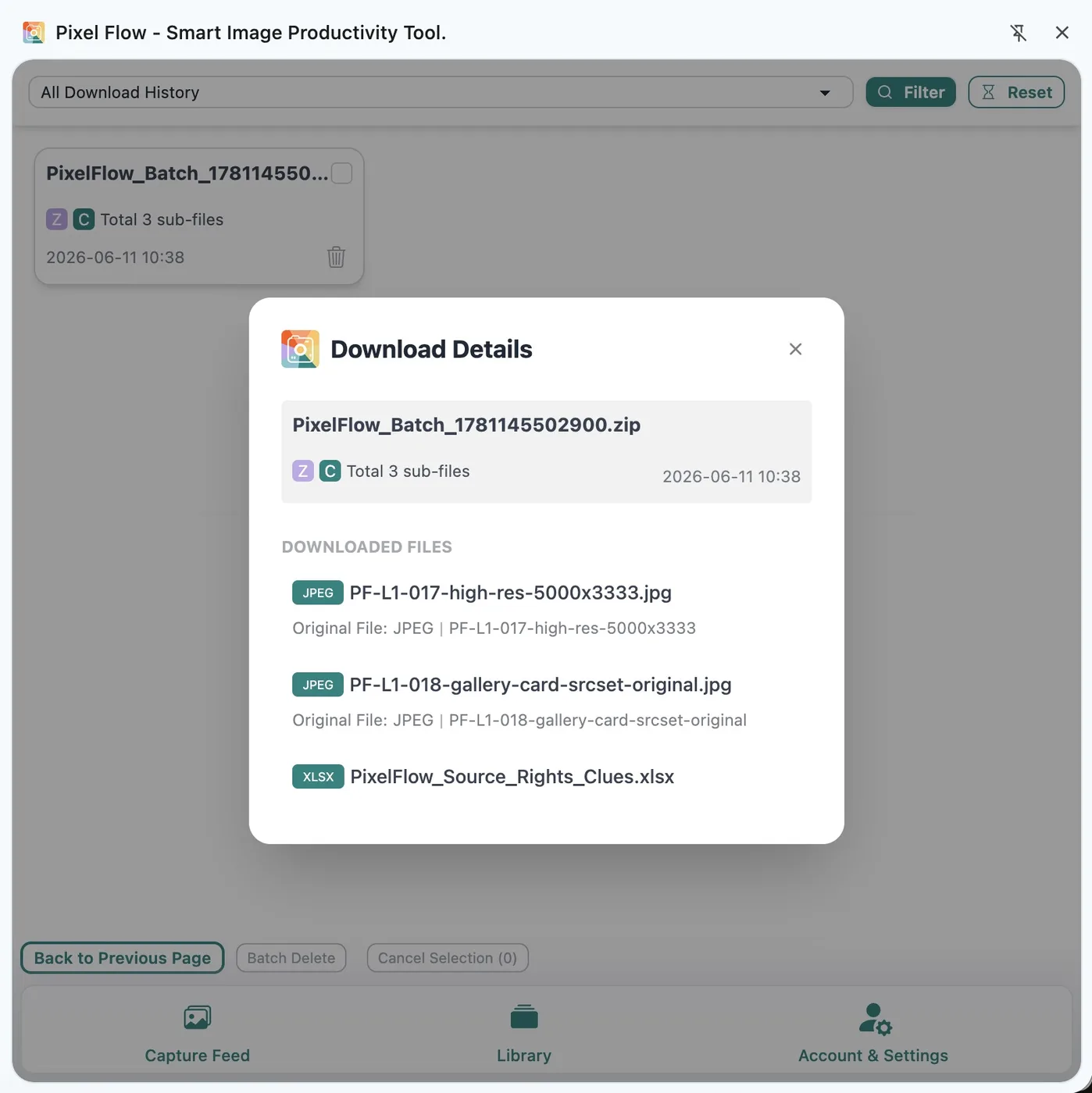 Pixel Flow download history showing download tasks and file counts