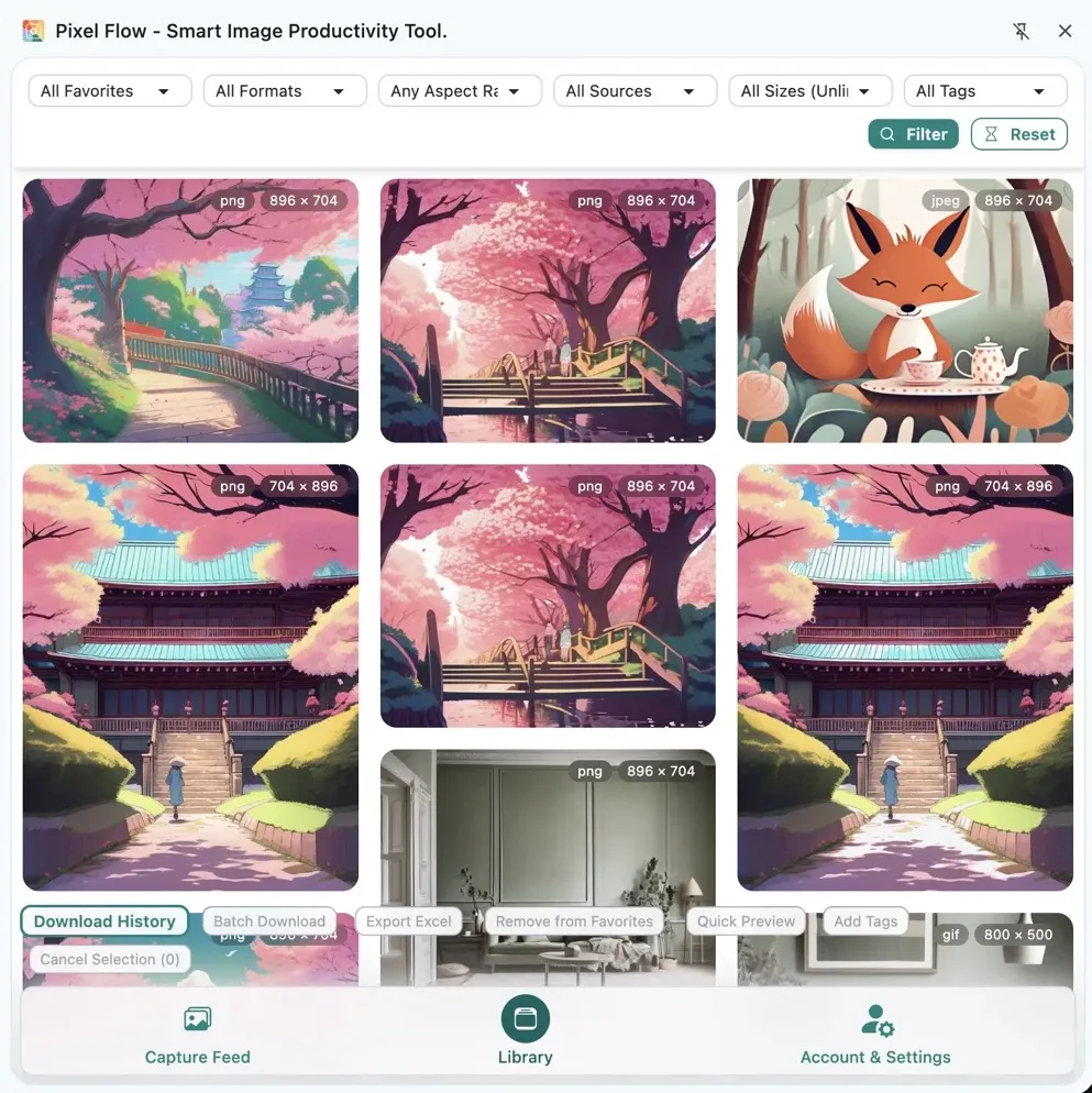 Pixel Flow library managing favorited images with tag filtering