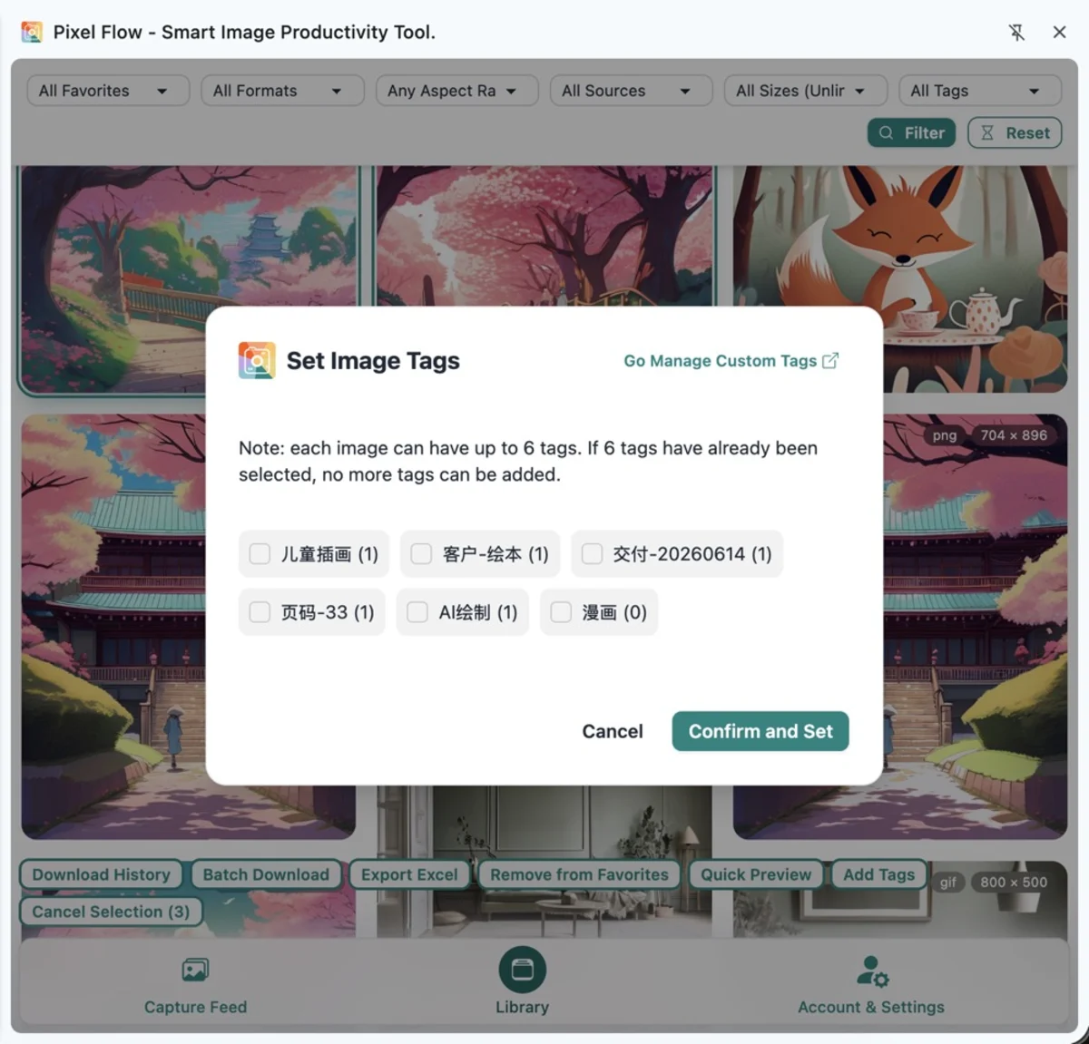 Pixel Flow Library batch add tags dialog after selecting multiple images