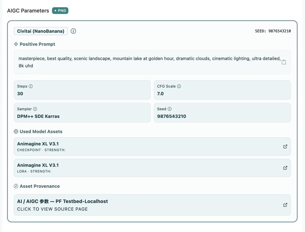 Pixel Flow image detail page showing recognized AIGC parameters and model asset information