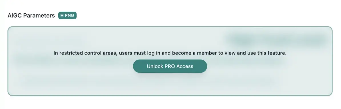 Pixel Flow image detail page showing AIGC parameters locked by PRO access