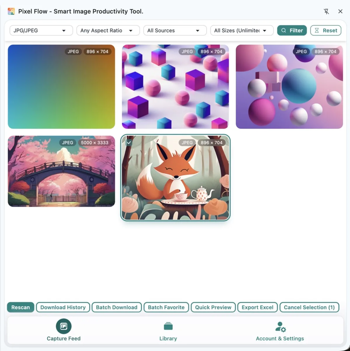 Pixel Flow capture feed with format, aspect ratio, source, and size filters selected