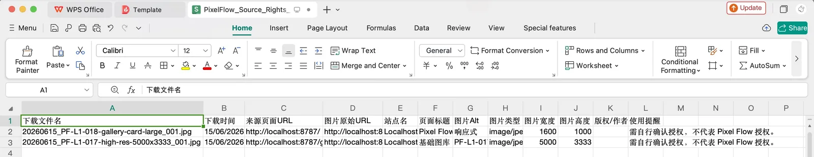 Pixel Flow source and rights clue spreadsheet containing download filename, source page, image URL, and related fields