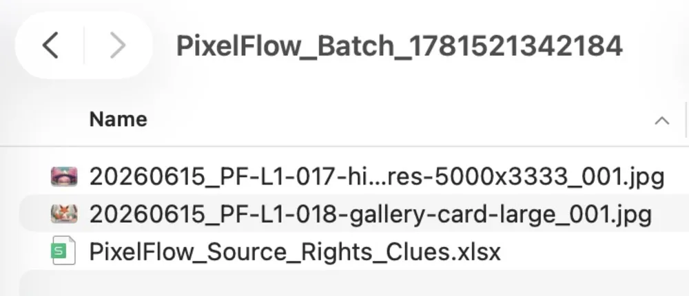 Pixel Flow download result containing image files and a source and rights clue spreadsheet