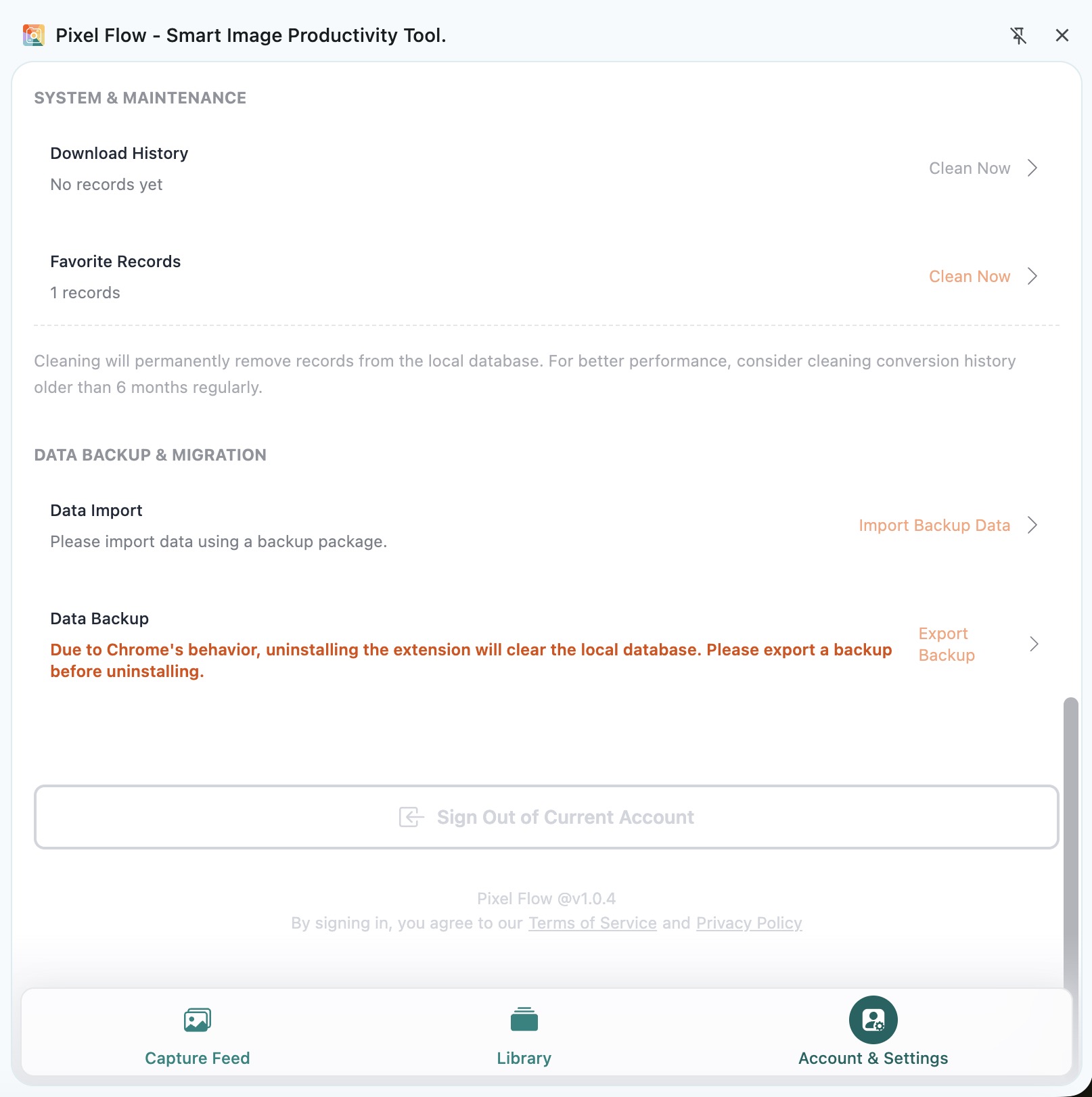 Data backup and migration section in Pixel Flow account settings