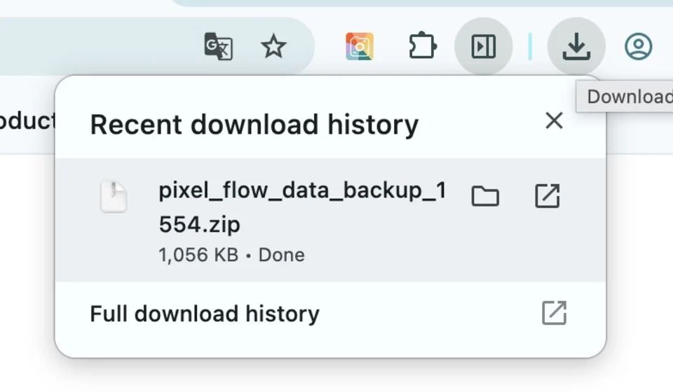 Chrome downloads panel showing a downloaded pixel_flow_data_backup zip file