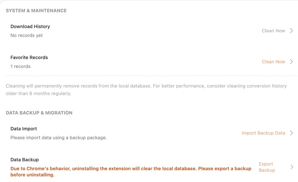 Data Backup & Migration section in Pixel Flow Account & Settings, with Data Import and Data Backup entry points