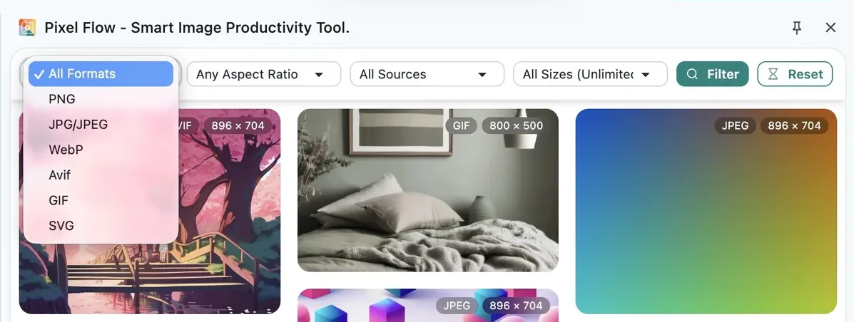 Pixel Flow capture feed filtered by image format, including PNG, JPG/JPEG, WebP, AVIF, GIF, and SVG