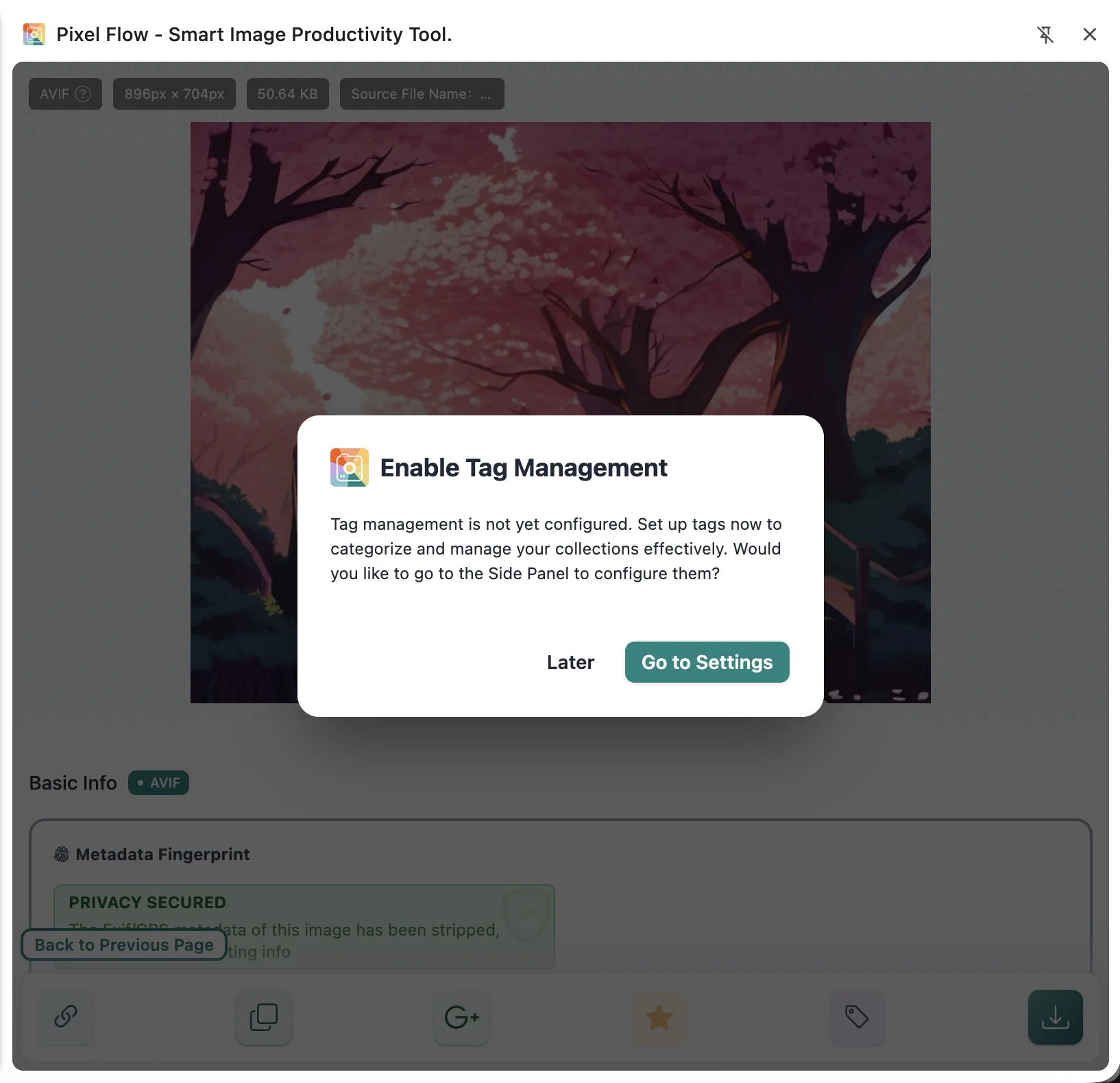 Pixel Flow guide shown when setting image tags before any custom tags exist